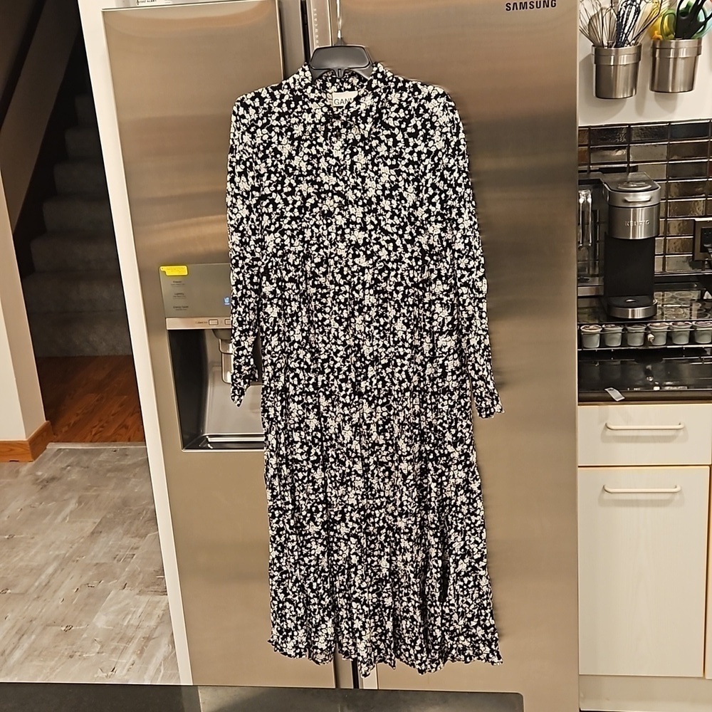 💕GANNI💕 Printed Crepe Layer Midi Dress ~ Viscose Black Floral Print 36 EU - Picture 11 of 16